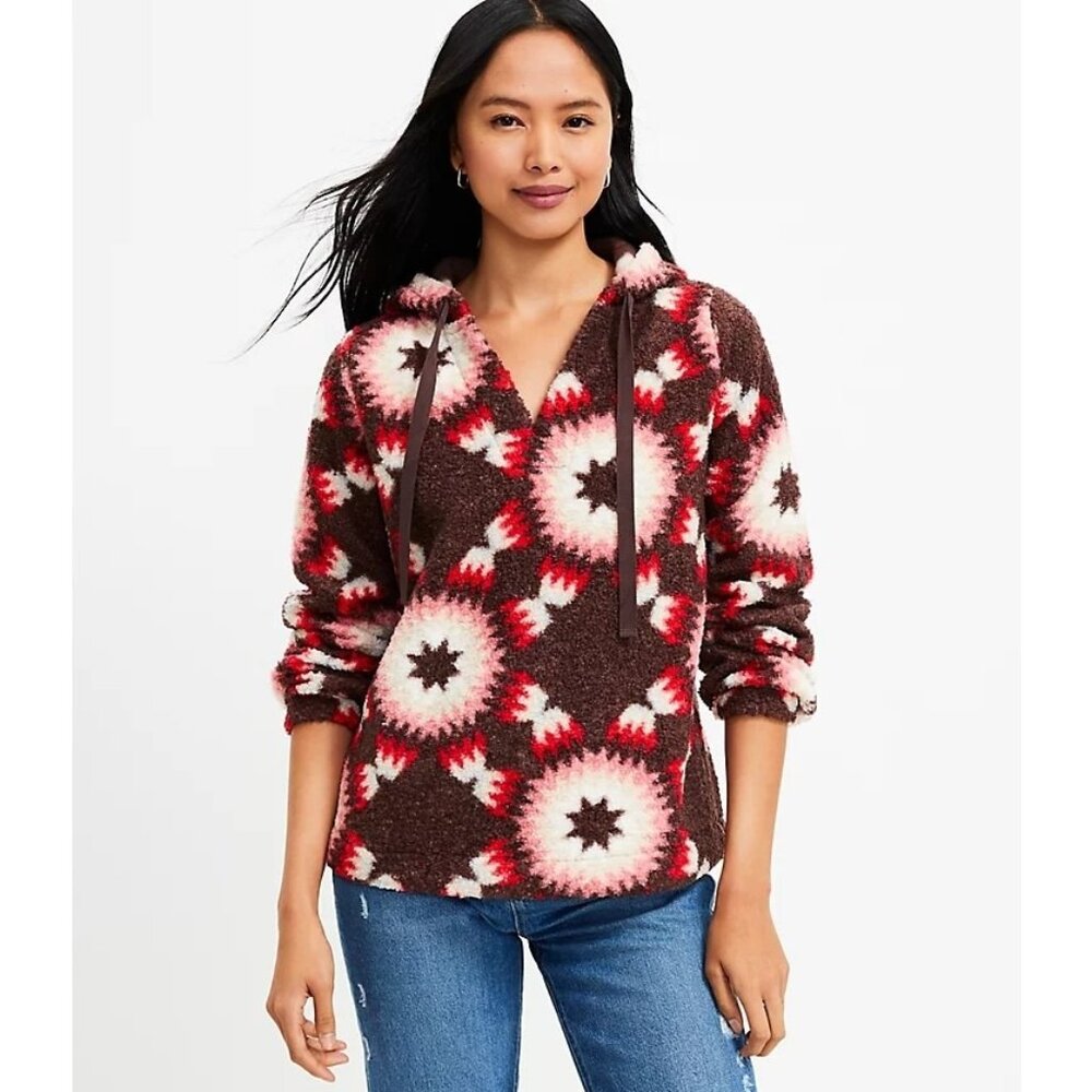 LOFT Hoodie Size Large Geometric Sunburst Sherpa Pullover Hoodie Chocolate Noir